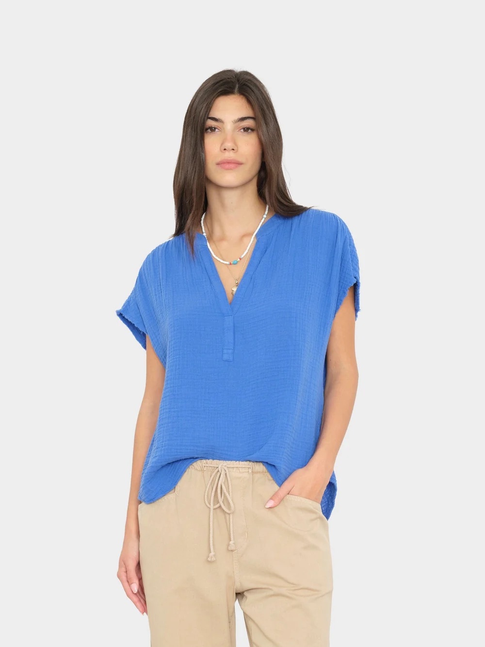 XiRENA Picante Kane Washed Gauze V-Neck Top - Topaz Aqua Blue Size XS